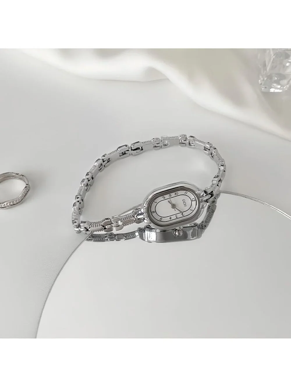 Women's Silver White Oval Vintage Bracelet Small Quartz Bangle Analog Watch